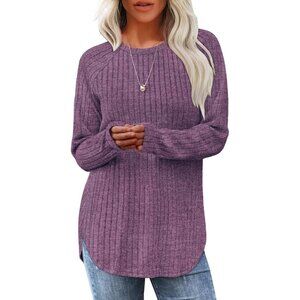 Women's Purple Crewneck Long Sleeve Tunic Loose Sweaters Shirts Tops Clothes